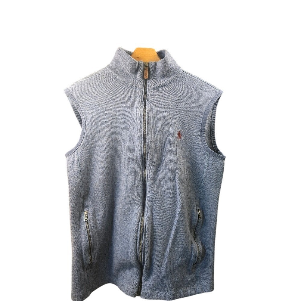 Polo Ralph Lauren Mens Blue Full Zip Sweater Vest Mock Neck Pony Logo Heathered